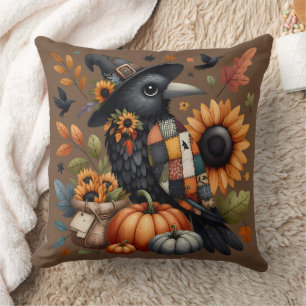 Coussin Corbeau Fantaisiste avec Citrouilles et Tournesols