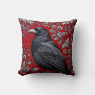 Coussin Corbeau noir floral rouge inspiré de William Morri