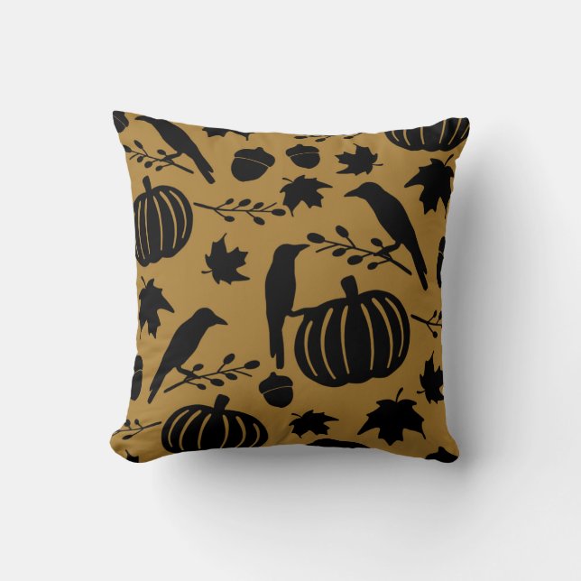 Coussin Corbeau noir jaune orange doré d'automne citrouill (Recto)