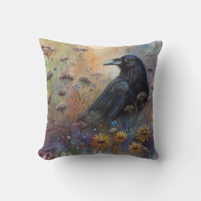 Coussin Corbeau peint à la main avec Fleurs sauvages (Recto)