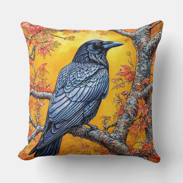 Coussin Corbeau perché dans une forêt automnale (Recto)