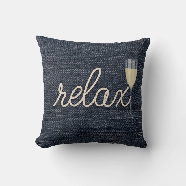 Coussin corde "relax" texte sur le denim bleu (Recto)