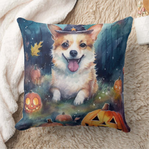 Coussin Corgi Halloween avec citrouilles effrayant