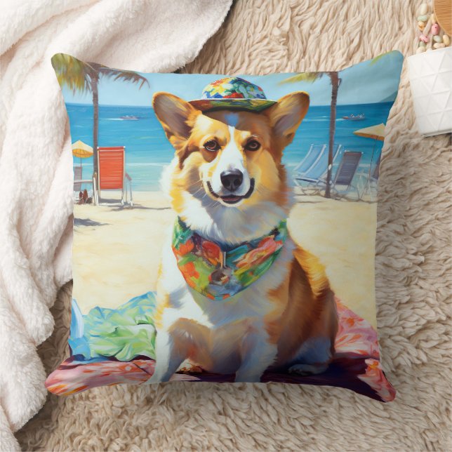 Coussin Corgi on Beach, cadeau d'été pour les amoureux de  (Couverture)