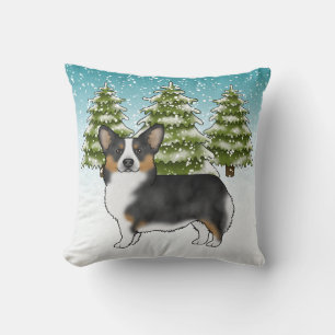 Coussin Corgi Pembroke Tri Noir Noël Hiver Neigeux
