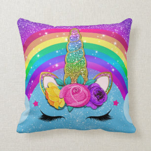 Coussin Corne de Licorne Pailletée Face Arc-en-Ciel