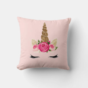 Coussin Corne de Licorne Pailletée Or avec Roses Roses