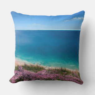Coussin Cornish falaise vue sur la mer avec des fleurs ros