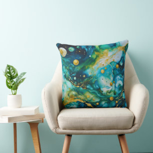 Coussin Cosmos d'encre d'alcool bleu vert or