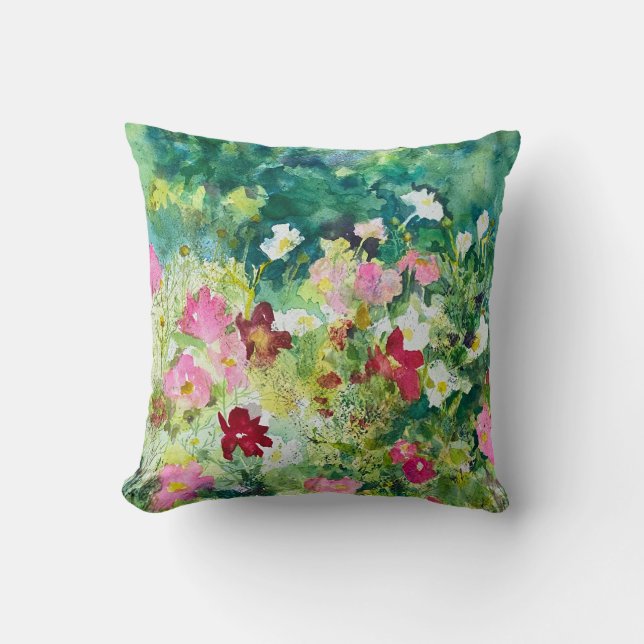 Coussin Cosmos d'été frais Floral Vert Aquarelle (Recto)