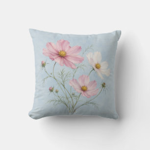 Coussin Cosmos Rose Blanc Aquarelle Bleu Ciel Botanique