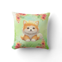 Cosy Chiot avec Fleurs en fleurs Aquarelle Art