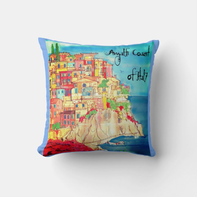 Coussin Côte d'Amalfi en Italie Aquarelle Méditerranée (Recto)