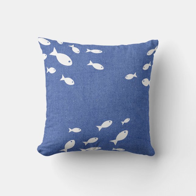 Coussin Côtière Rustique Bleu Faux Burlap & Poisson Blanc (Recto)