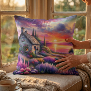 Coussin Cottage au coucher de soleil pastel Jardin au bord