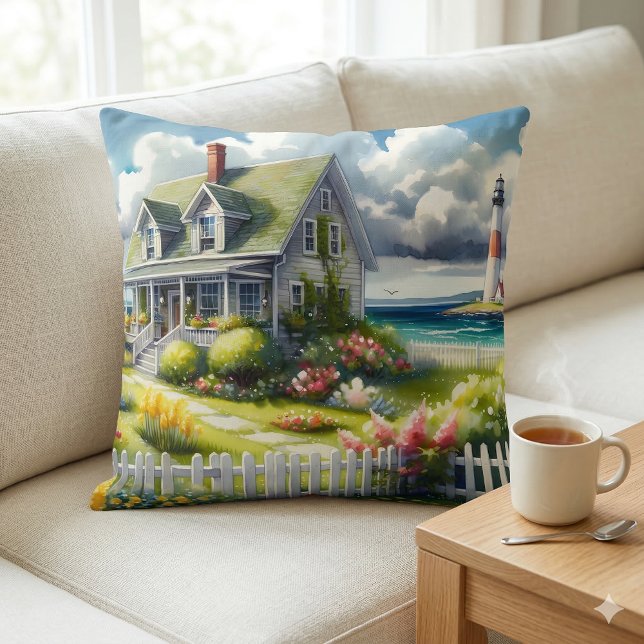 Coussin Cottage avec vue sur le phare (Cottage With View Of The Lighthouse Throw Pillow Mockup A)