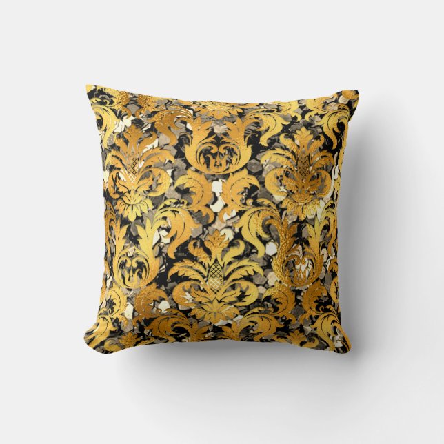 Coussin Cottage Damask Sepia Gold Sequin Royal Meatllic (Recto)