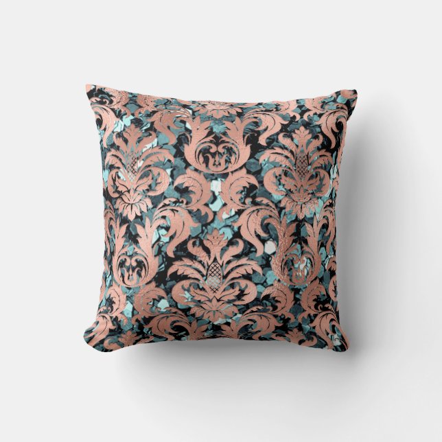 Coussin Cottage Damask Turquoise Blush Copper Sequin Royal (Recto)