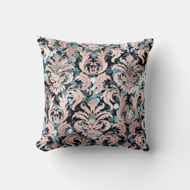 Coussin Cottage Damask Turquoise Blush Pink Sequin Royal (Recto)