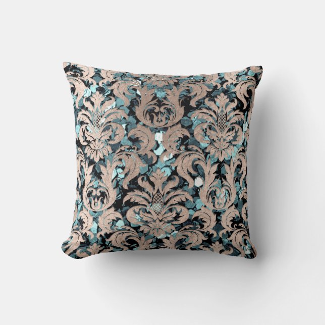 Coussin Cottage Turquoise Aquatic Damask Blue Ivory (Recto)