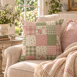 Coussin Cottagecore Rose Verte Gingham Patchwork