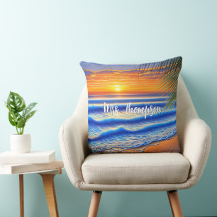 Coussin Coucher de soleil caribéen avec nom personnalisé
