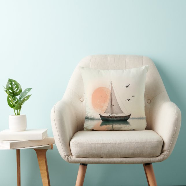 Coussin Coucher De Soleil De Bateau Avec Mouettes (Chaise)