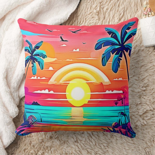 Coussin Coucher de soleil de plage tropical avec arc-en-ci (Couverture)