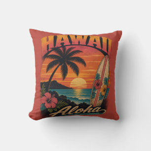 Coussin Coucher de soleil hawaïen vintage Palmiers Planche