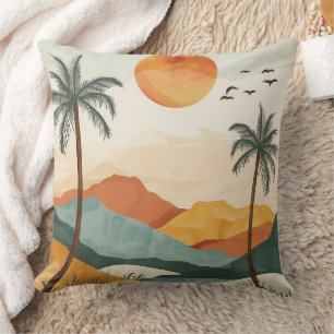 Coussin Coucher de soleil rétro tropical montagne orange d