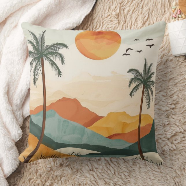 Coussin Coucher de soleil rétro tropical montagne orange d (Couverture)