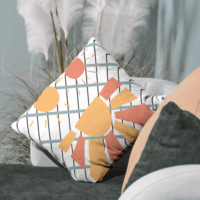 Coussin Coucher de soleil rouge rétro sur grille bleue bla (Créateur téléchargé)