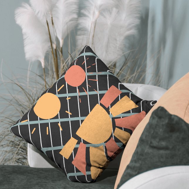 Coussin Coucher de soleil rouge rétro sur grille bleue noi (Créateur téléchargé)