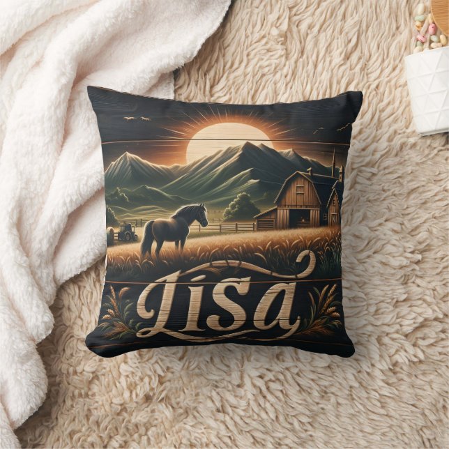 Coussin Coucher de soleil sur la ferme avec cheval et les  (Couverture)