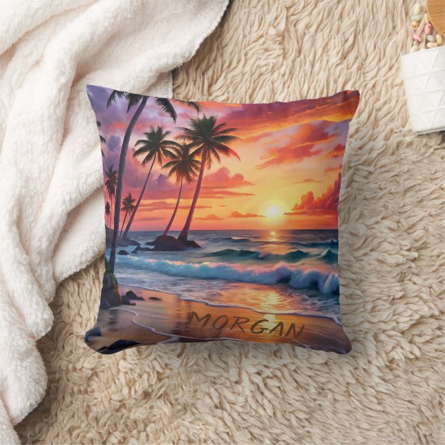 Coussin Coucher de soleil sur la plage tropicale personnal (Couverture)