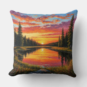 Coussin Coucher de soleil sur une rivière forestière tranq