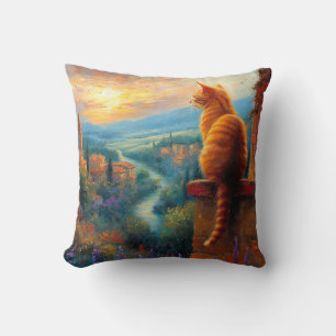 Coussin Coucher de soleil toscan avec un chat roux