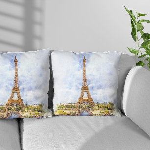 Coussin Coucher de soleil Tour Eiffel Paris Aquarelle fran