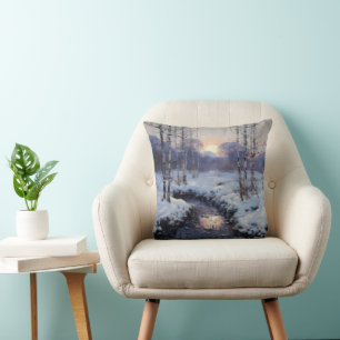 Coussin Coucher du soleil de la forêt d'hiver