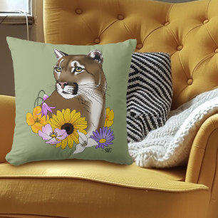 Coussin Cougar Mountain Lion Puma Fleurs