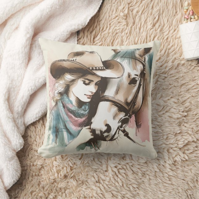 Coussin Couleur Aquarelle Pastel Cowgirl Et Cheval (Couverture)