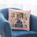 Coussin Couleur personnalisée Élégant Script Famille Colla<br><div class="desc">Coussin de collage photo avec 9 photos disposées dans une grille sur l'avant et le dos en lui faisant 18 photos au total que vous pouvez remplacer par vos propres photos avec votre nom de famille dans un script élégant. Ce design coussin polyvalent a également des couleurs modifiables. Vous pouvez...</div>