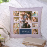 Coussin Couleur personnalisée Élégant Script Famille Colla<br><div class="desc">Coussin de collage photo avec 9 photos disposées dans une grille sur l'avant et le dos en lui faisant 18 photos au total que vous pouvez remplacer par vos propres photos avec votre nom de famille dans un script élégant. Ce design coussin polyvalent a également des couleurs modifiables. Vous pouvez...</div>