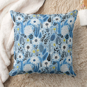Coussin Couleurs de marguerites et de Feuilles bleus et bl