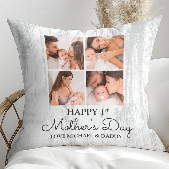 Coussin Coupe photo moderne Happy First Mothers Day (Cute Modern Photo Collage Happy First Mothers Day Throw Pillow)
