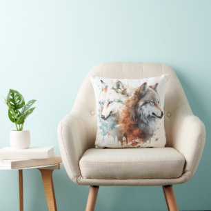 Coussin Couple aquarelle nature loup