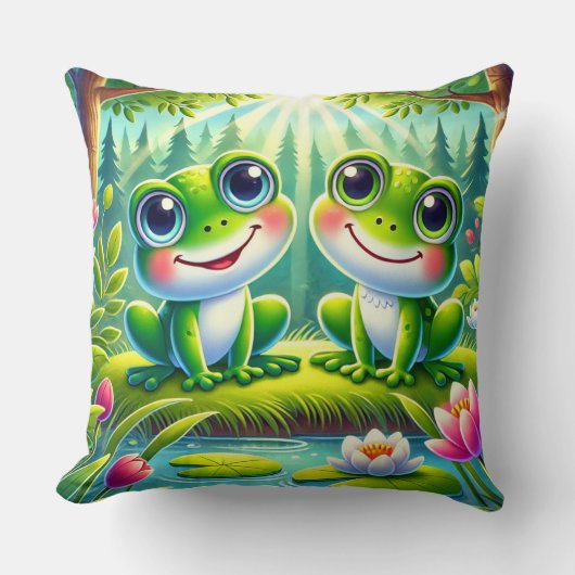 Coussin Couple de grenouilles vertes mignonnes dans un jar (Recto)