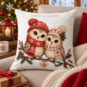 Coussin Couple de hiboux de Noël scandinave Amour nordique