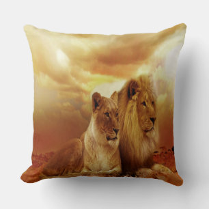 Coussin Couple de lions au coucher du soleil