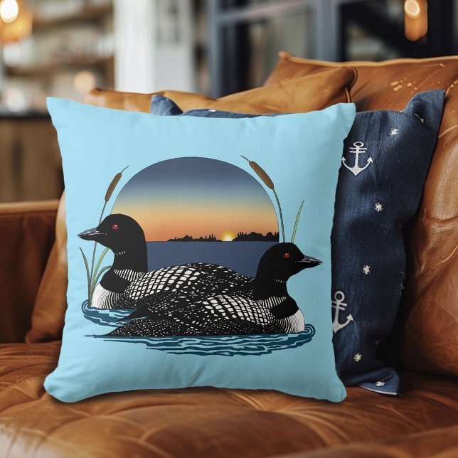 Coussin Couple de plongeons arctiques Coucher de soleil Bl (Créateur téléchargé)